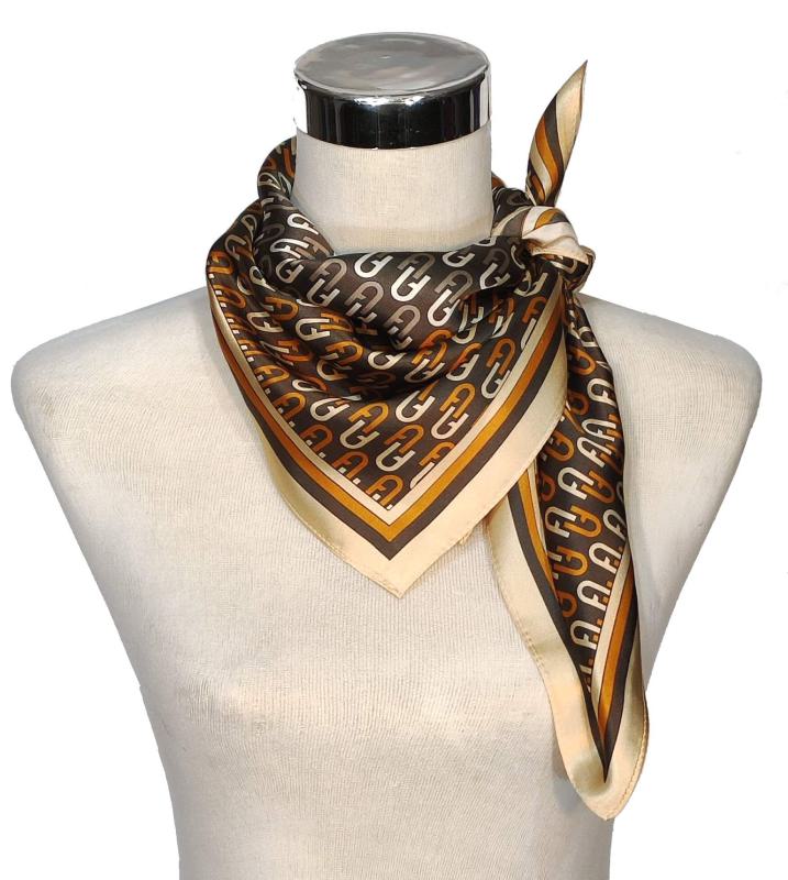 Foulard Shawl Silk Satin Geometric Gold Yellow Beige